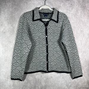 Ann Taylor Cardigan Sweater Womens Large Black White Print Lambswool Button Art